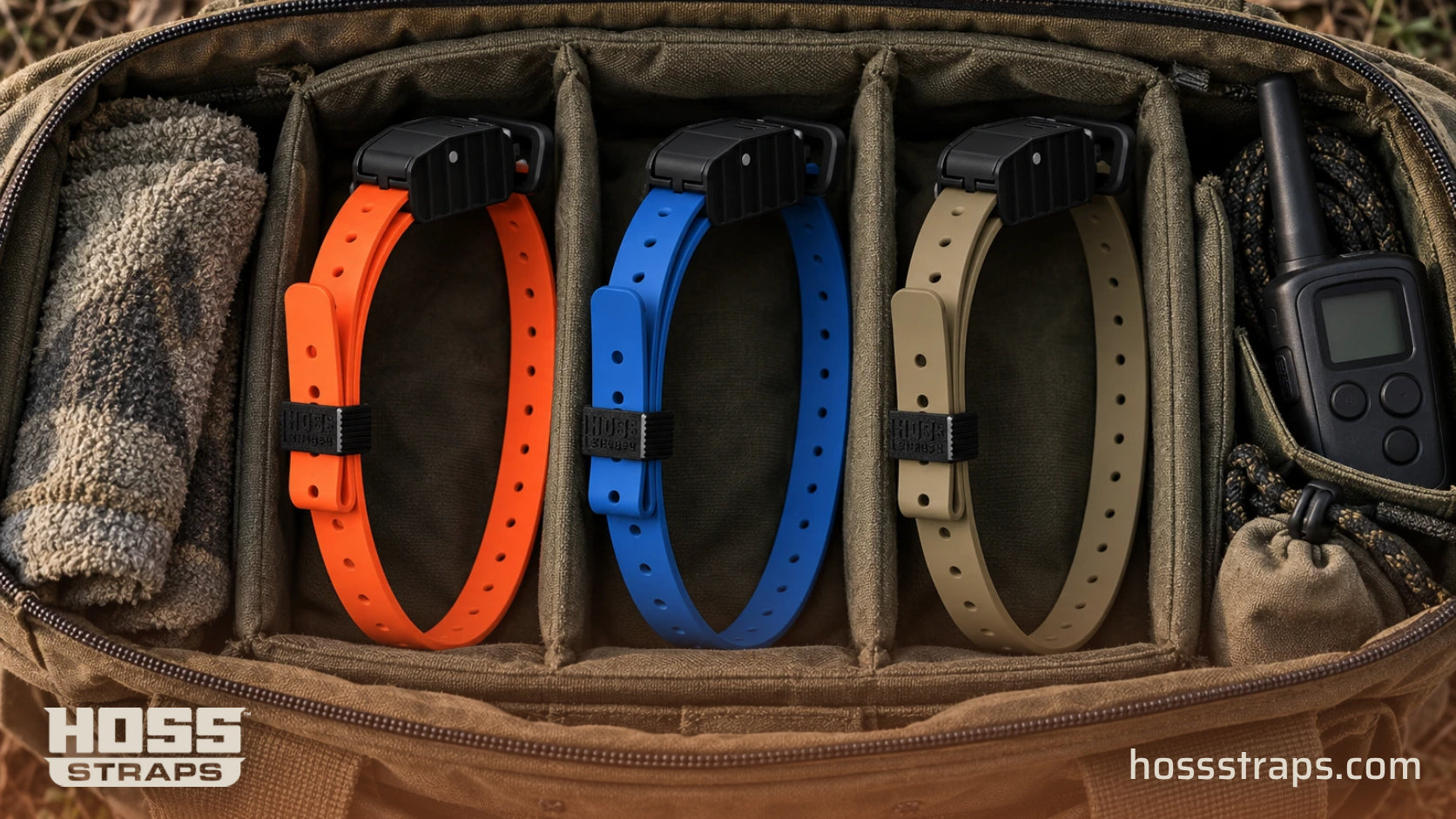 Orange, blue and tan HOSS e-collar kits organized in a divided field gear bag