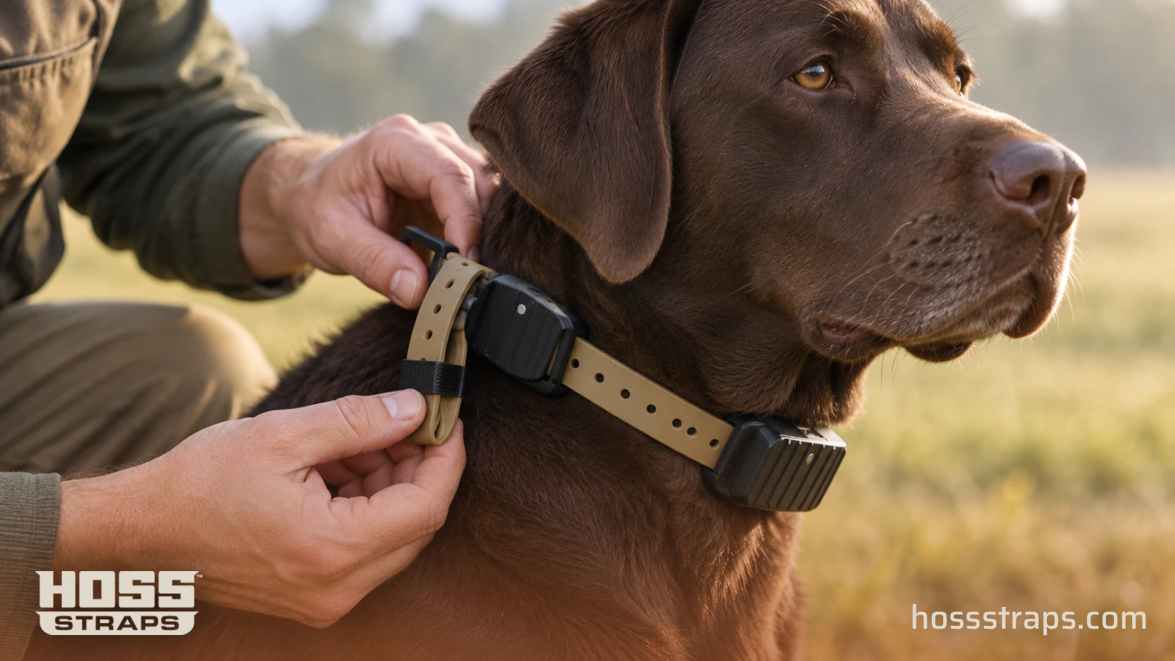 Handler checking a desert tan HOSS replacement strap on a chocolate Labrador in the field