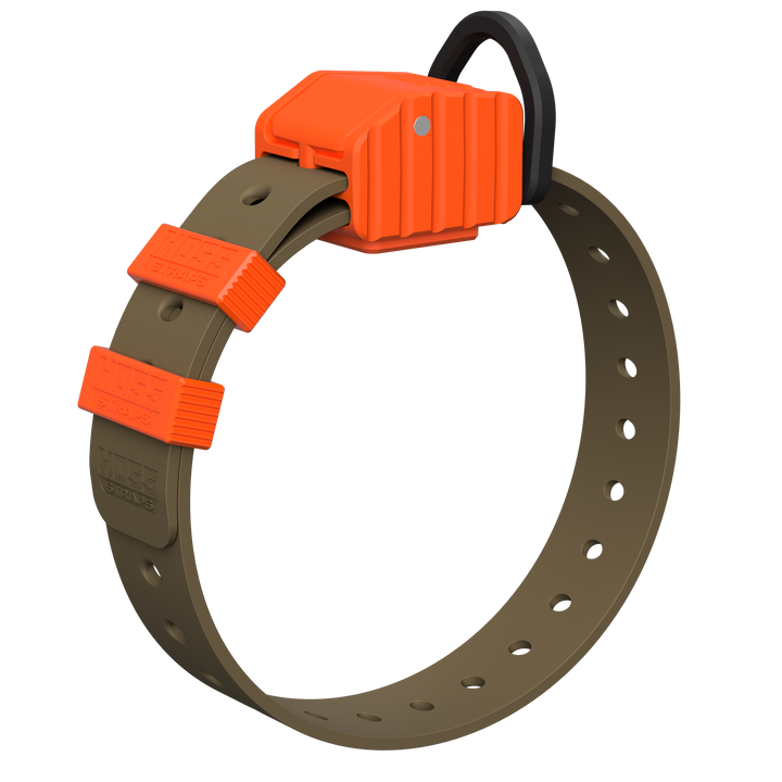 HOSS Pro Series Field Collar in Covey colorway, featuring a Desert Tan strap and Hunter Orange aluminum buckle