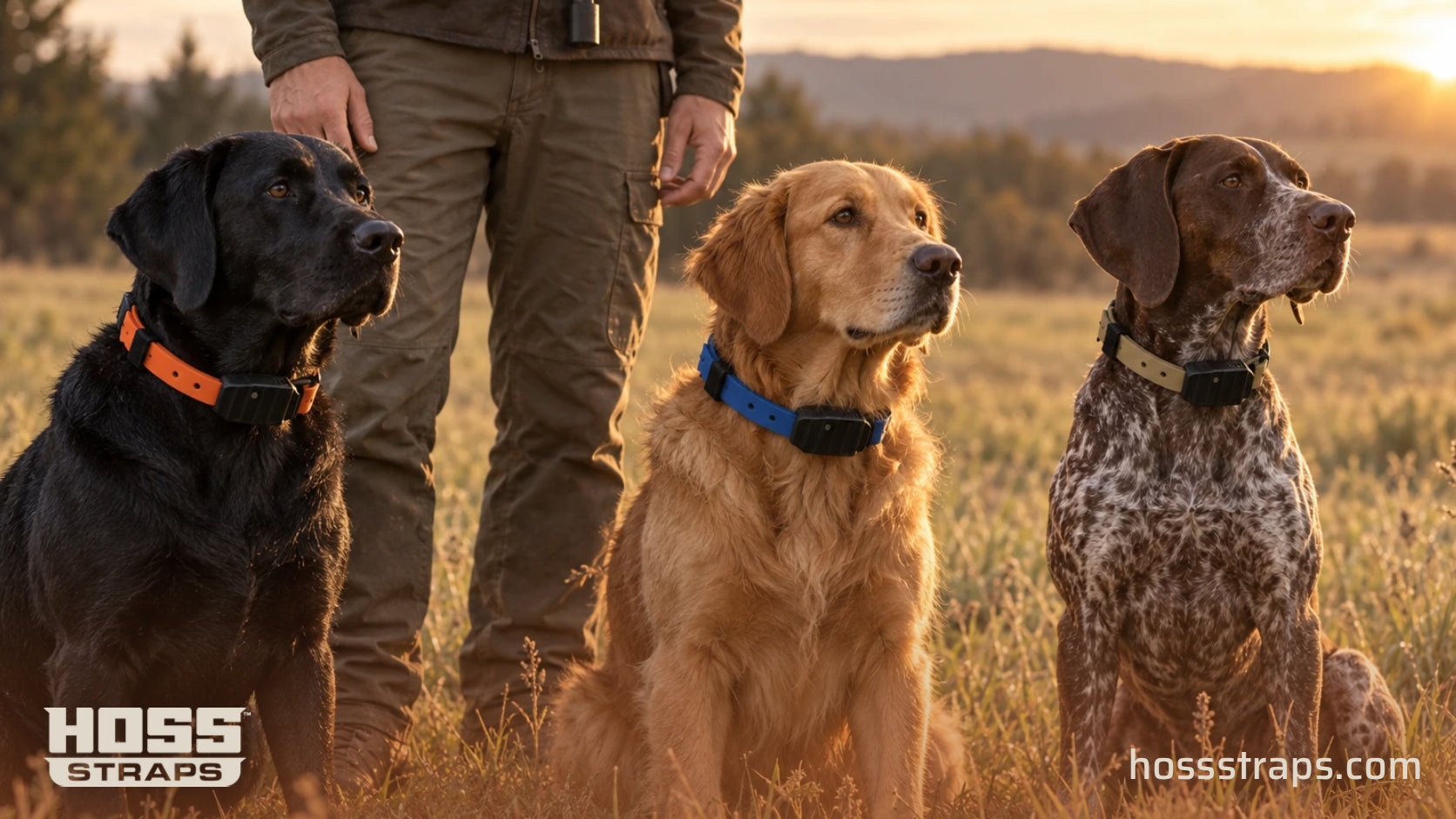 Trainer with three working dogs wearing orange, blue and tan HOSS e-collar straps
