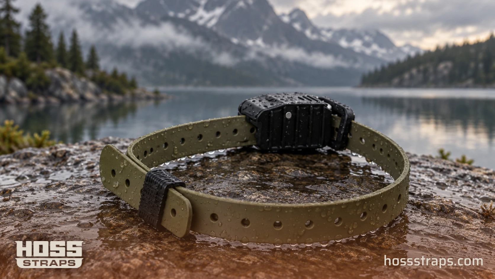 Olive drab HOSS waterproof e-collar strap on a rain-darkened rock beside a mountain lake