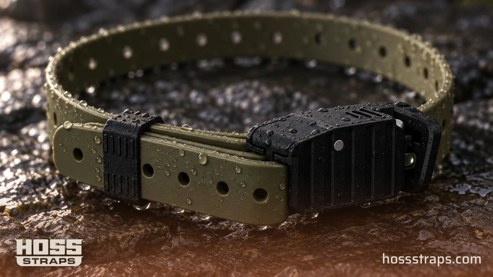 Water droplets on the buckle, keeper and olive drab material of a HOSS e-collar strap