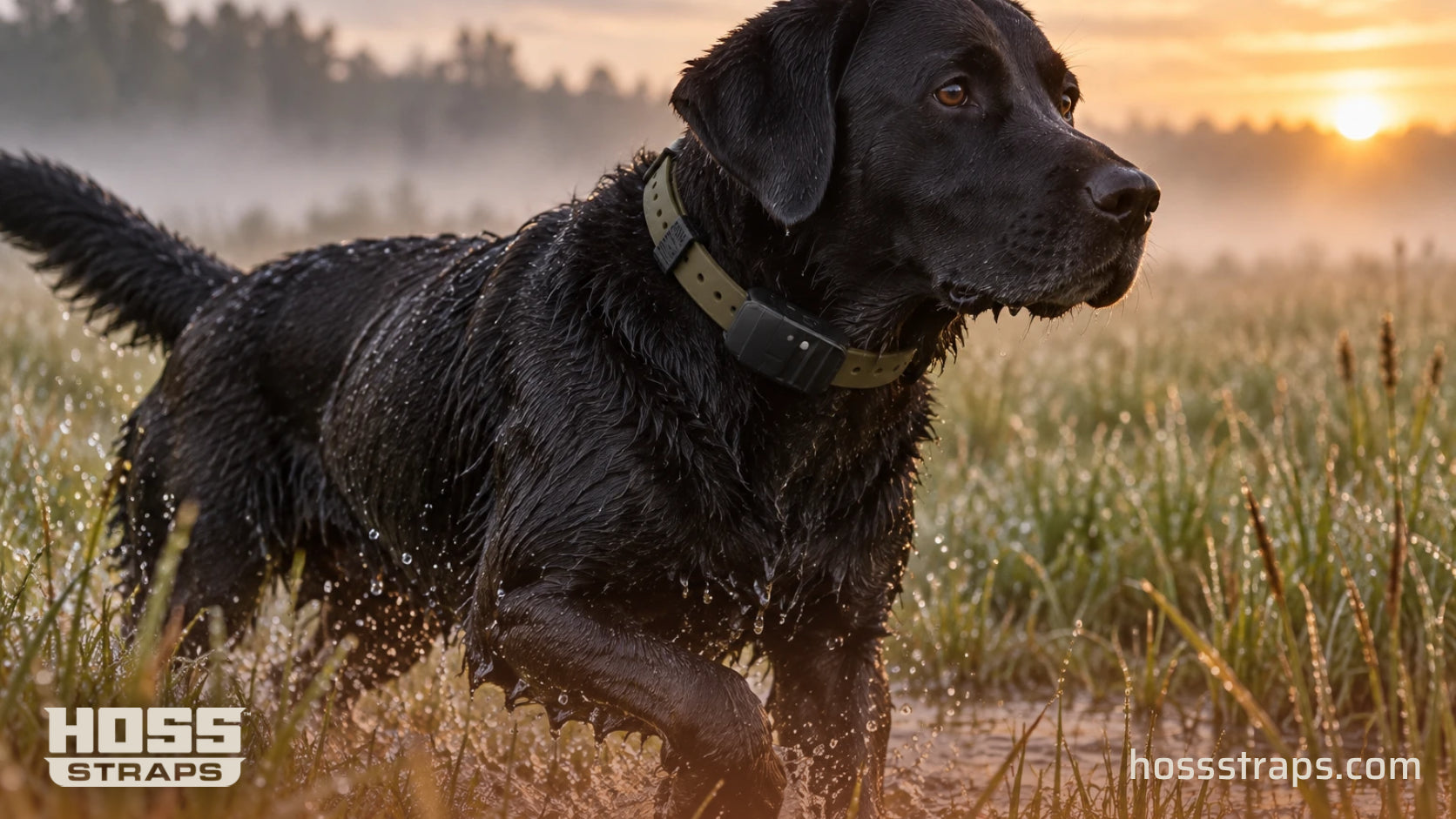 Wet black Labrador wearing an olive drab HOSS e-collar strap in a meadow